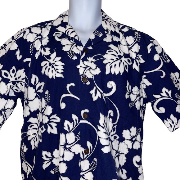 Retro Hilo Hattie Hawaiian Shirt Mens M Floral Plumeria Leaf Aloha Beach Blue - Picture 2 of 10
